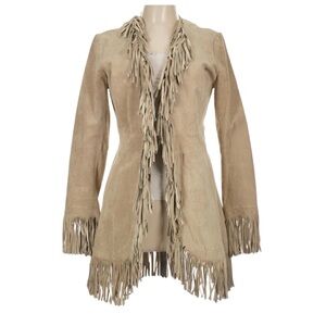 NEIMAN MARCUS ~ Vintage Tan Suede Leather Fringe Jacket w/Beige Silky Lining